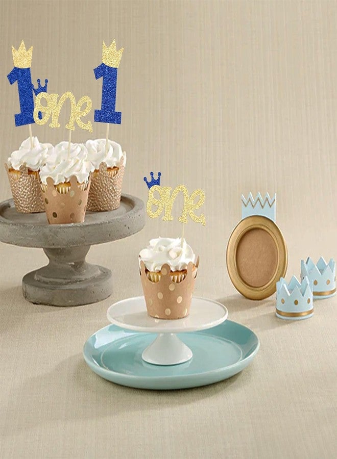 كونفيتي العنوان: 24 قطعة من زينة الكب كيك البراقة لعيد الميلاد الأول - تاج لامع لتزيين الكيك - مثالية لحفلات استقبال المولود الجديد واحتفالات عيد الميلاد الأول - أزرق وذهبي - Image 5